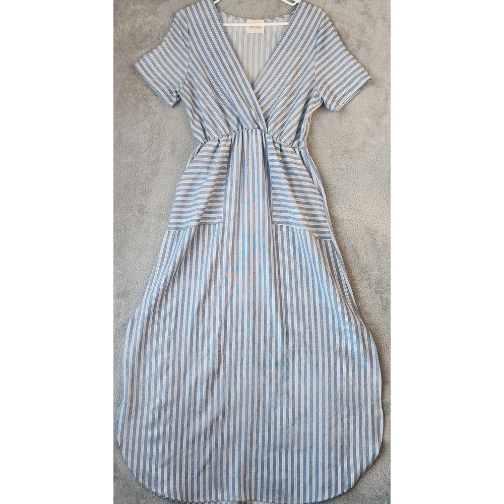 Ella Mara Dress Womens Medium Blue White Striped Surplice V-Neck Pockets Maxi
